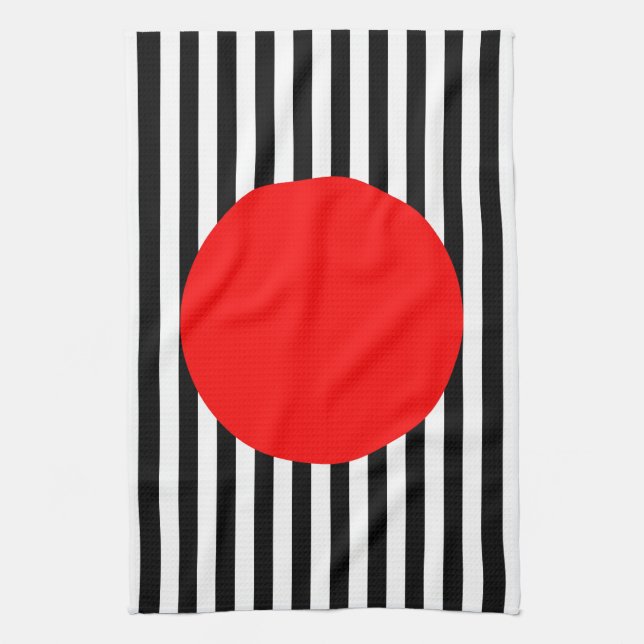 Black and white stripes with red monogram circle kitchen towel (Vertical)