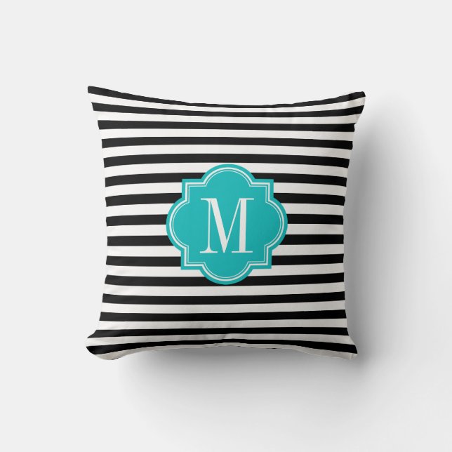 Black and White Stripes with Teal Monogram Throw Pillow (Front)