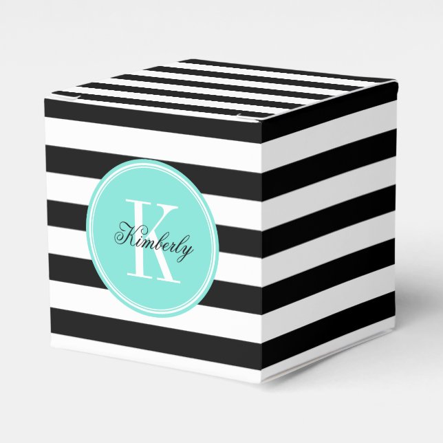 Black and White Stripes with Turquoise Monogram Favor Box (Front Side)