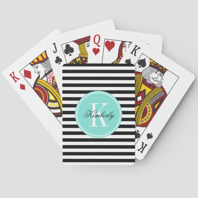 Black and White Stripes with Turquoise Monogram Playing Cards (Back)