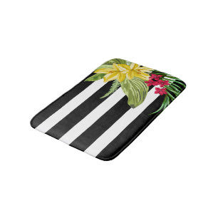 Black And White Stripes With Yellow Flowers Bath Mat
