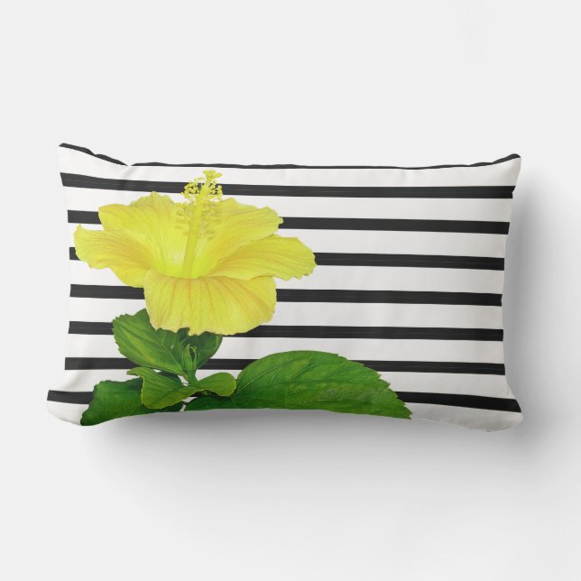 Black and White Stripes with Yellow Hibiscus Lumbar Pillow (Front)