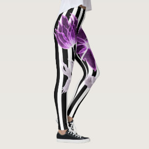 Black and White Stripes Xray Flower Watercolor Leggings