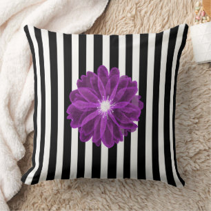 Black and White Stripes Xray Flower Watercolor Throw Pillow