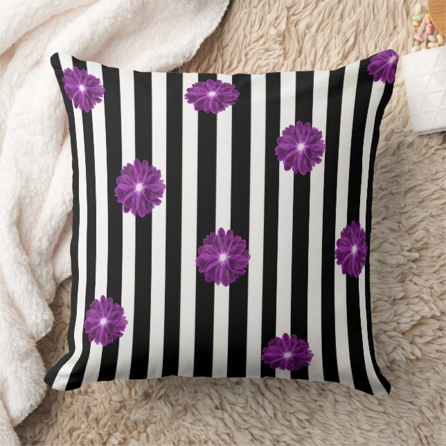 Black and White Stripes Xray Flower Watercolor Throw Pillow (Blanket)