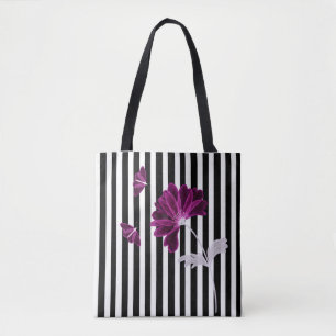 Black and White Stripes Xray Flower Watercolor Tote Bag