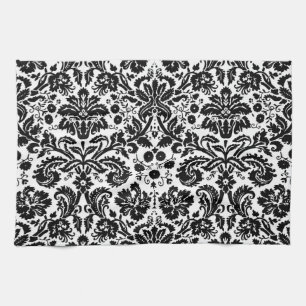 Black and white stylish damask pattern kitchen towel
