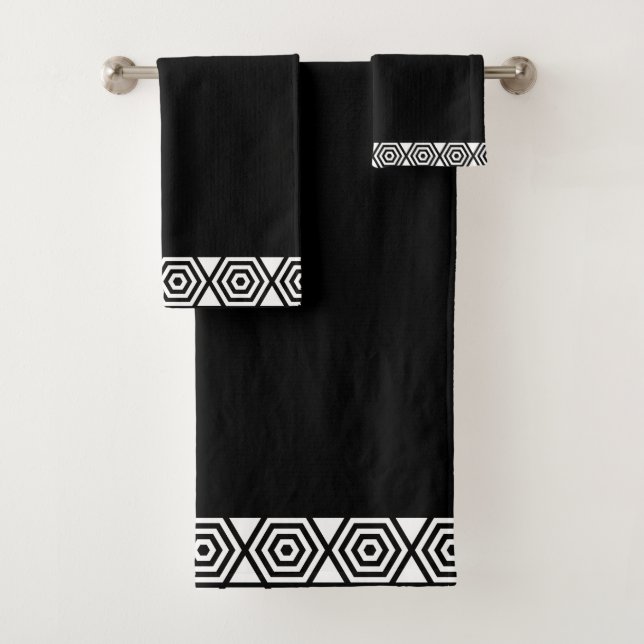 Black and White Stylish Geometric Frame on Black Bath Towel Set (Insitu)