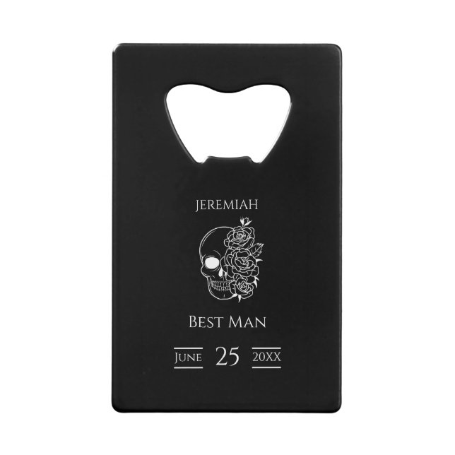 Black and white Stylish Groomsmen Wedding Gift Credit Card Bottle Opener (Front)