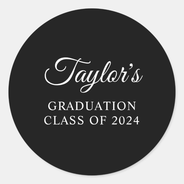 Black and White Stylish Script Graduation Classic Round Sticker (Front)
