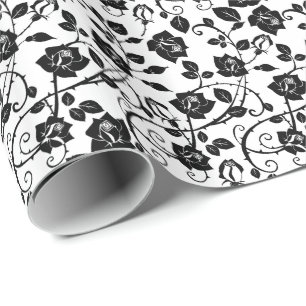 Black And White Stylized Roses Pattern Wrapping Paper