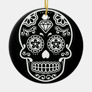 Black and White Sugar Skull Diamond Ornament Round