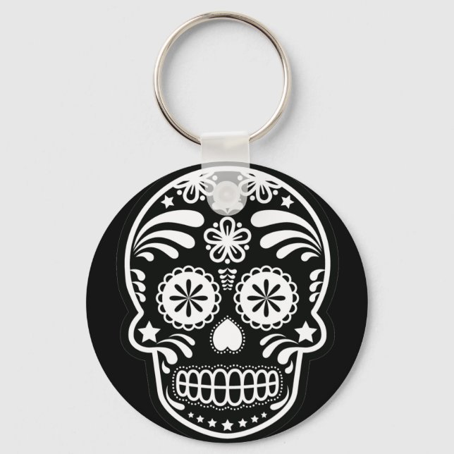 Black and White Sugar Skull Flower Button Keychain (Front)