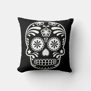 Black and White Sugar Skull Flower Pillow
