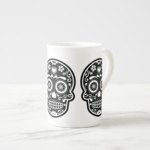 Black and White Sugar Skull Heart Bone China Mug