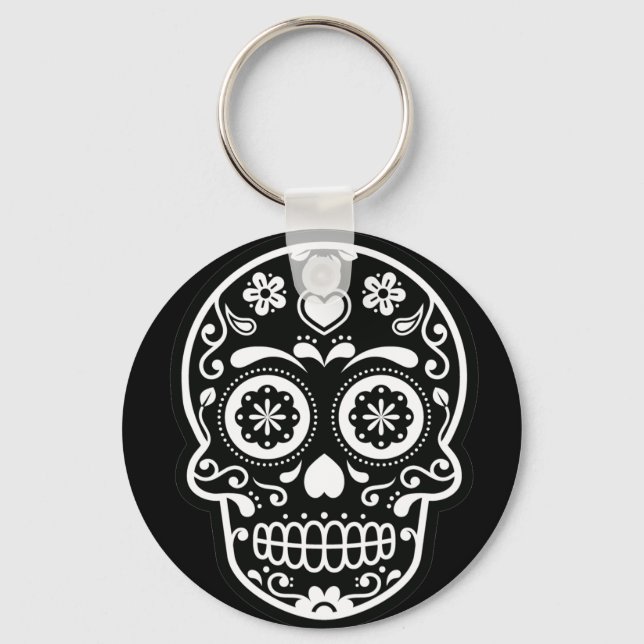Black and White Sugar Skull Heart Button Keychain (Front)