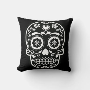 Black and White Sugar Skull Heart Pillow