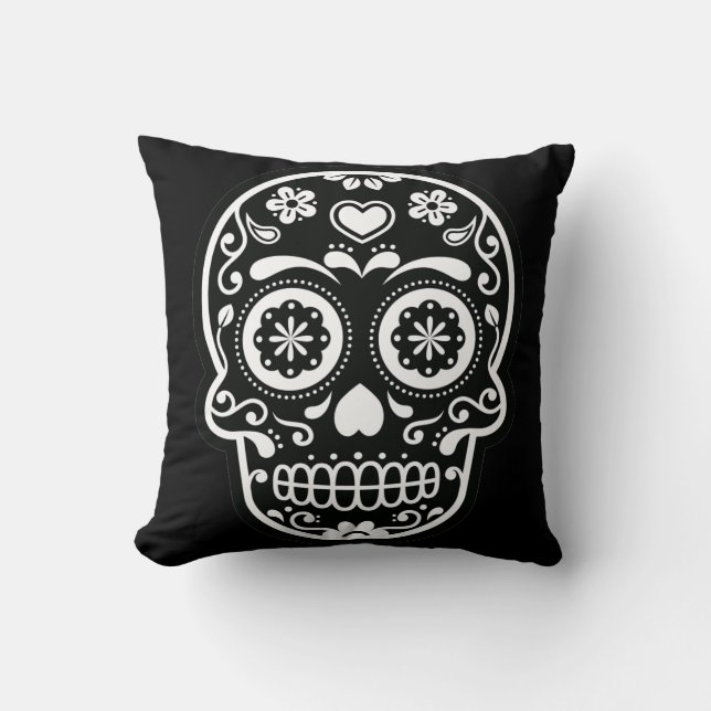 Black and White Sugar Skull Heart Pillow (Front)