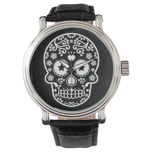 Black and White Sugar Skull Starry Eyes Watch (Front)