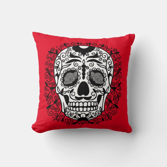 Black and White Sugar Skull With Rose Eyes Throw Pillow (Front)
