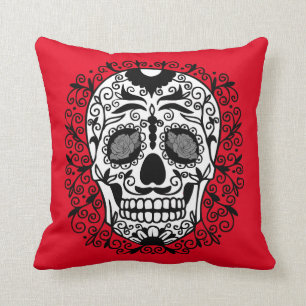 Black and White Sugar Skull With Rose Eyes Throw Pillow
