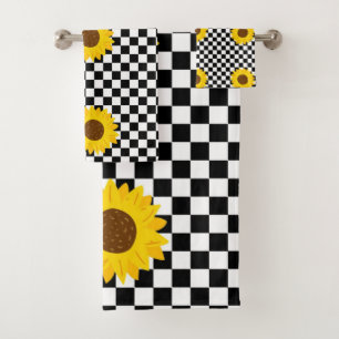 Black and White Sunflower Chequered Flower Pattern Bath Towel Set