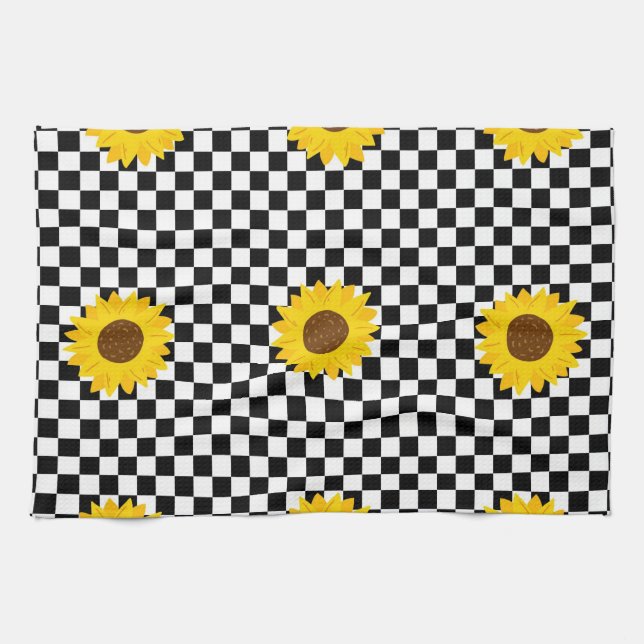 Black and White Sunflower Chequered Flower Pattern Kitchen Towel (Horizontal)
