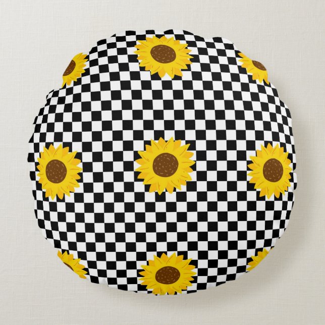Black and White Sunflower Chequered Flower Pattern Round Pillow (Front)