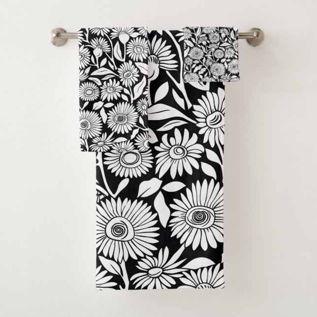 Black and White Sunflower Minimalist Bath Towel Set (Insitu)