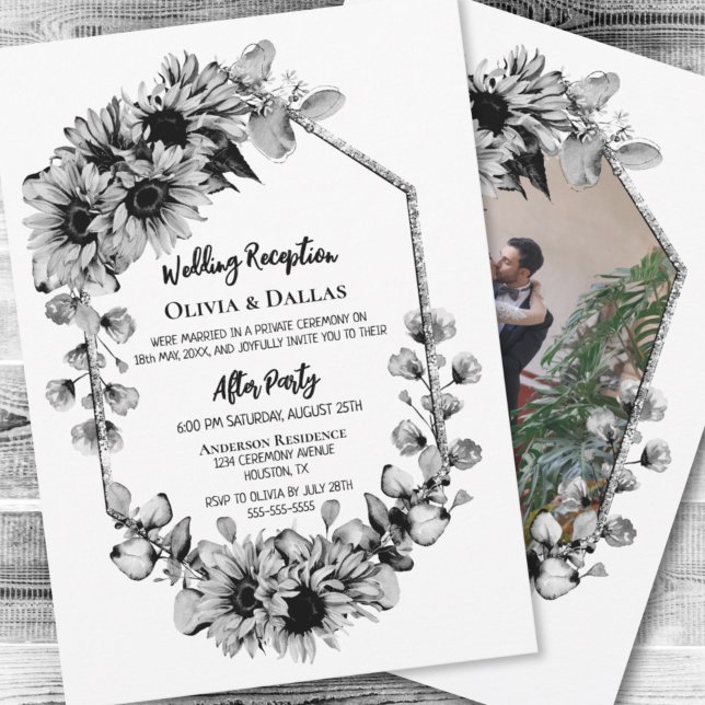 Black and White Sunflower Wedding Reception Invitation (Creator Uploaded)