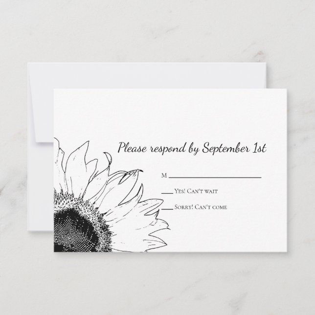 Black and White Sunflower Wedding RSVP Card (Front)