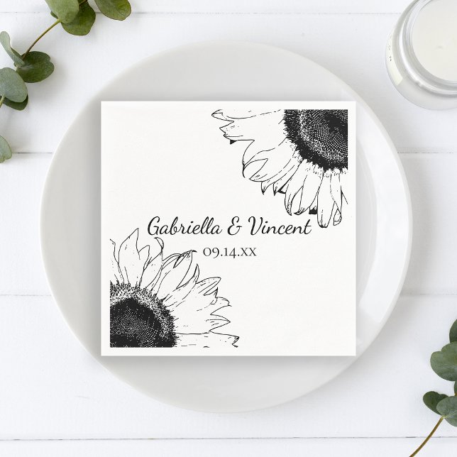 Black and White Sunflowers Wedding Napkin (Creator Uploaded)
