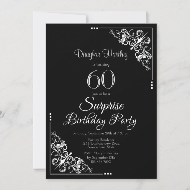 Black and White Surprise 60th Birthday Party Invitation (Front)