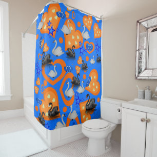 Black and White Swans Orange Hearts Shower Curtain