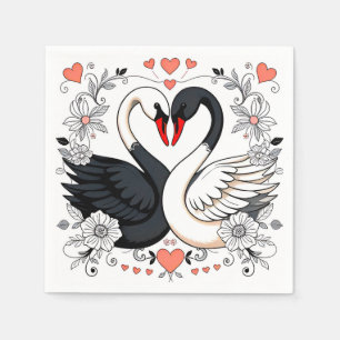 Black and White Swans Surrounded by Floral Designs Napkin