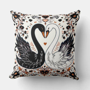 Black and White Swans Surrounded by Floral Designs Throw Pillow