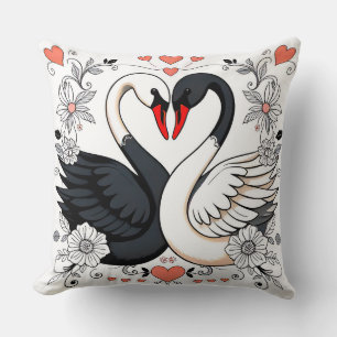 Black and White Swans Surrounded by Floral Designs Throw Pillow