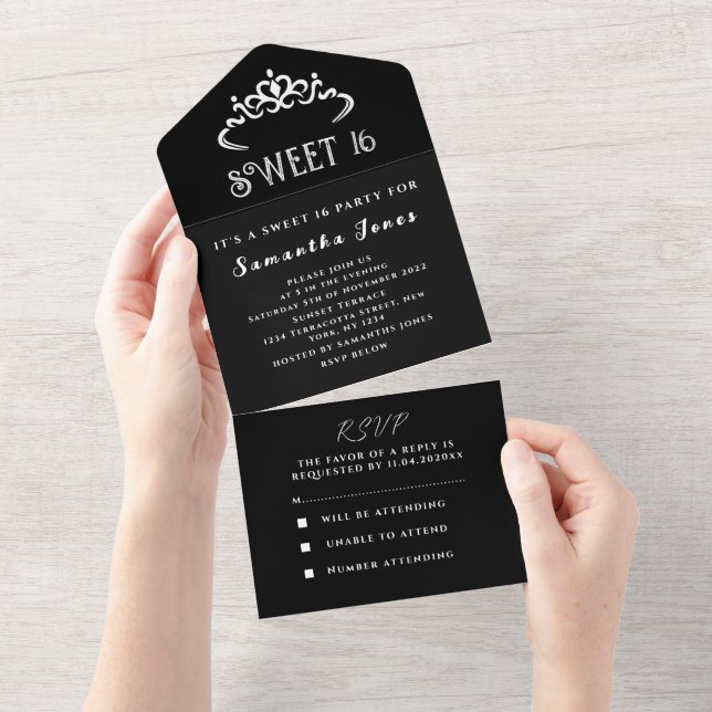 Black and White Sweet 16 Tiara Sixteen Modern All In One Invitation (Tearaway)