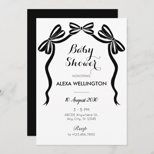 Black and white sweet tie ribbon bow baby shower invitation (Front/Back)