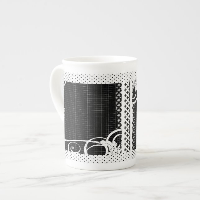 Black and White Swirl Flourish Grid Bone China Mug (Front Left)