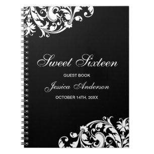 Black and White Swirl Flourish Sweet 16 Guest Book