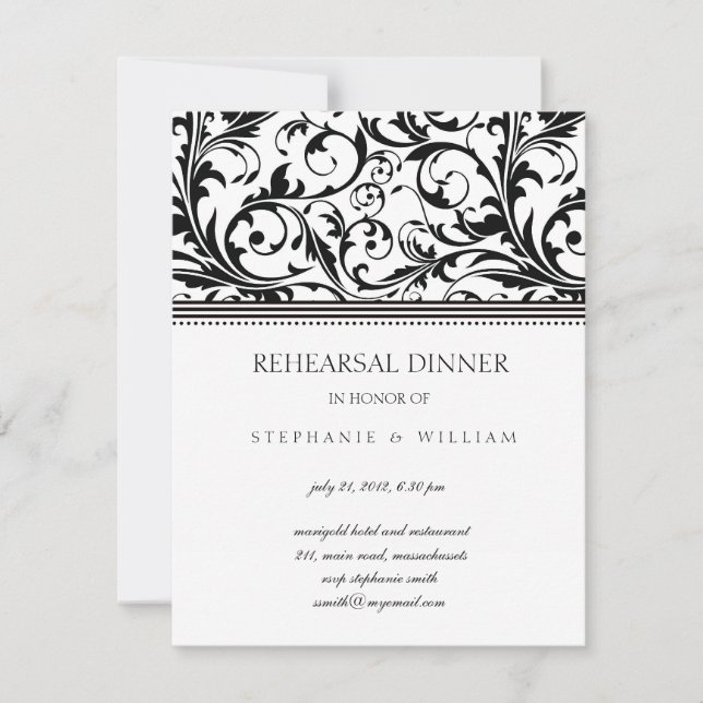 Black and White Swirl Rehearsal Dinner Card (Front)