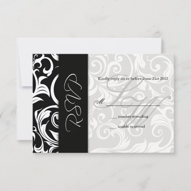 Black and White Swirl Wedding RSVP (Front)