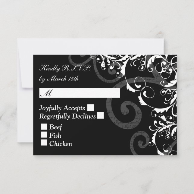 Black and White Swirl wedding RSVP (Front)