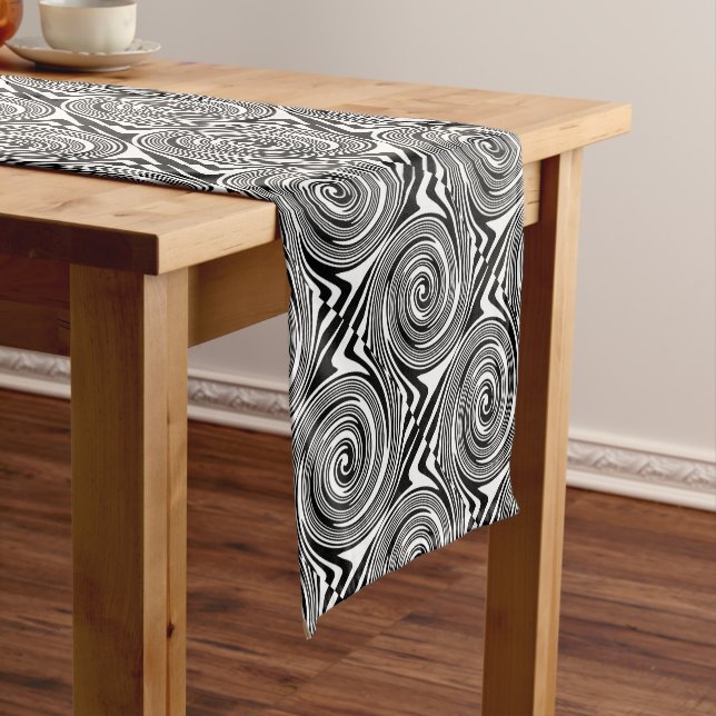 Black and white swirling pattern short table runner (In Situ)