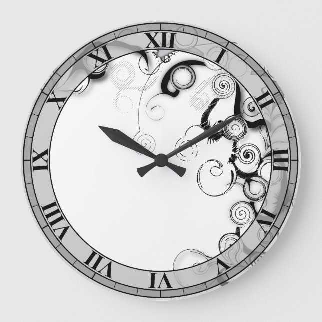 Black And White Swirls And Twirls Large Clock (Front)