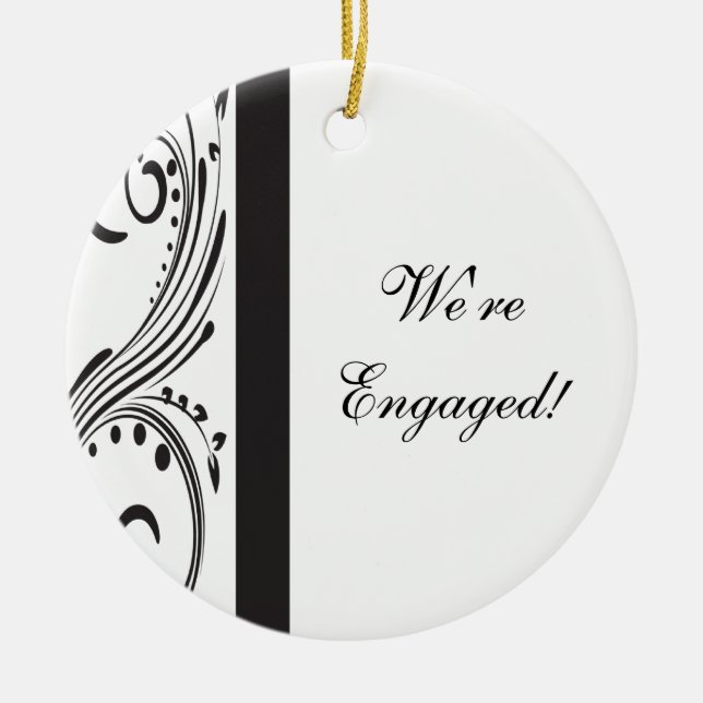 Black and White Swirls Engagement Round Ornament (Front)
