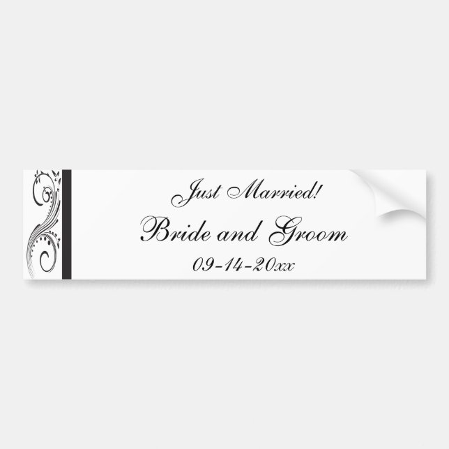 Black and White Swirls Just Married Bumper Sticker (Front)