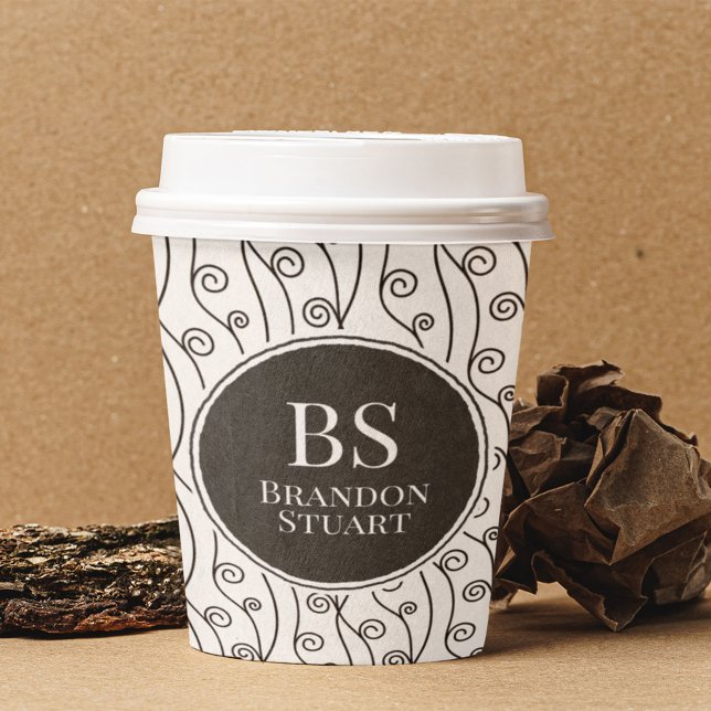 Black and White Swirls Paper Cups (black and white paper cup with name and swirl pattern)