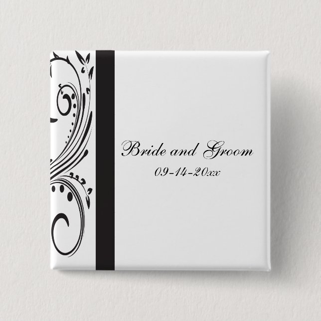 Black and White Swirls Wedding 2 Inch Square Button (Front)